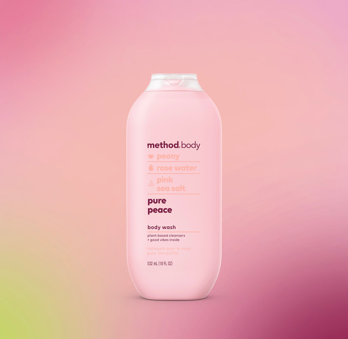 Front of Method Pure Peace body wash 18 fl. oz. displayed in a light pink bottle.