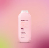 Front of Method Pure Peace body wash 18 fl. oz. displayed in a light pink bottle.