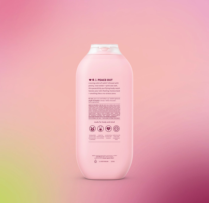 Back of Method Pure Peace body wash 18 fl. oz. displayed in a light pink bottle.